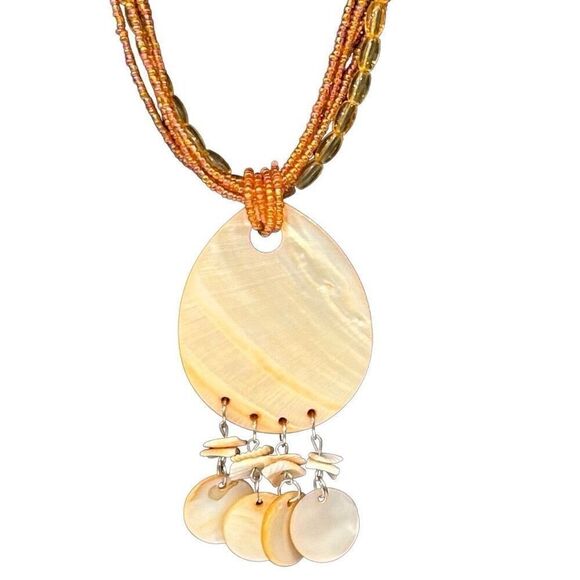 Vtg Handcrafted Sea Shell Beaded Necklace Orange Multistrand Mother Of Pearl - Picture 4 of 5